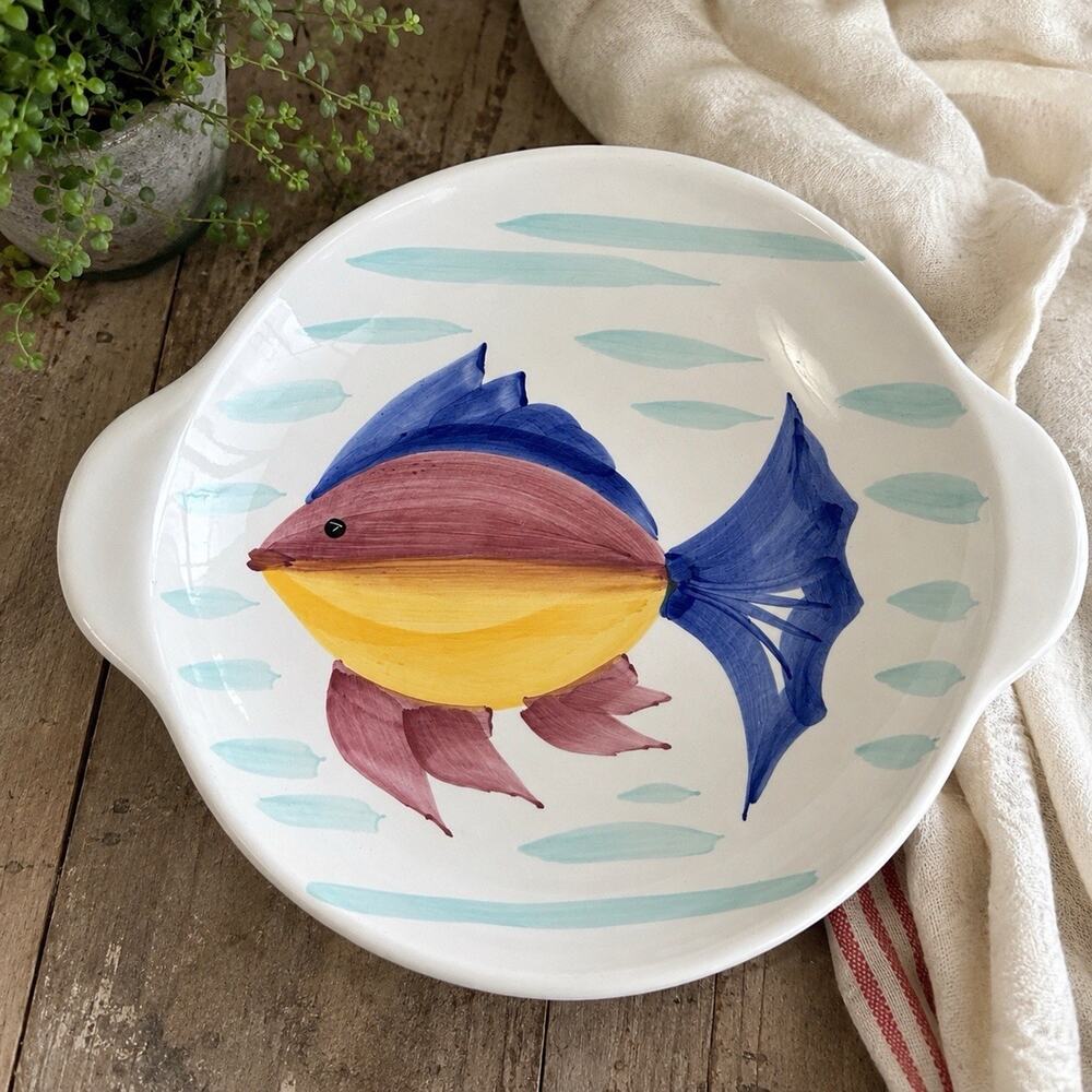 Italian Hand Painted Fish Serving Bowl Dish White Ceramic 14.5 In